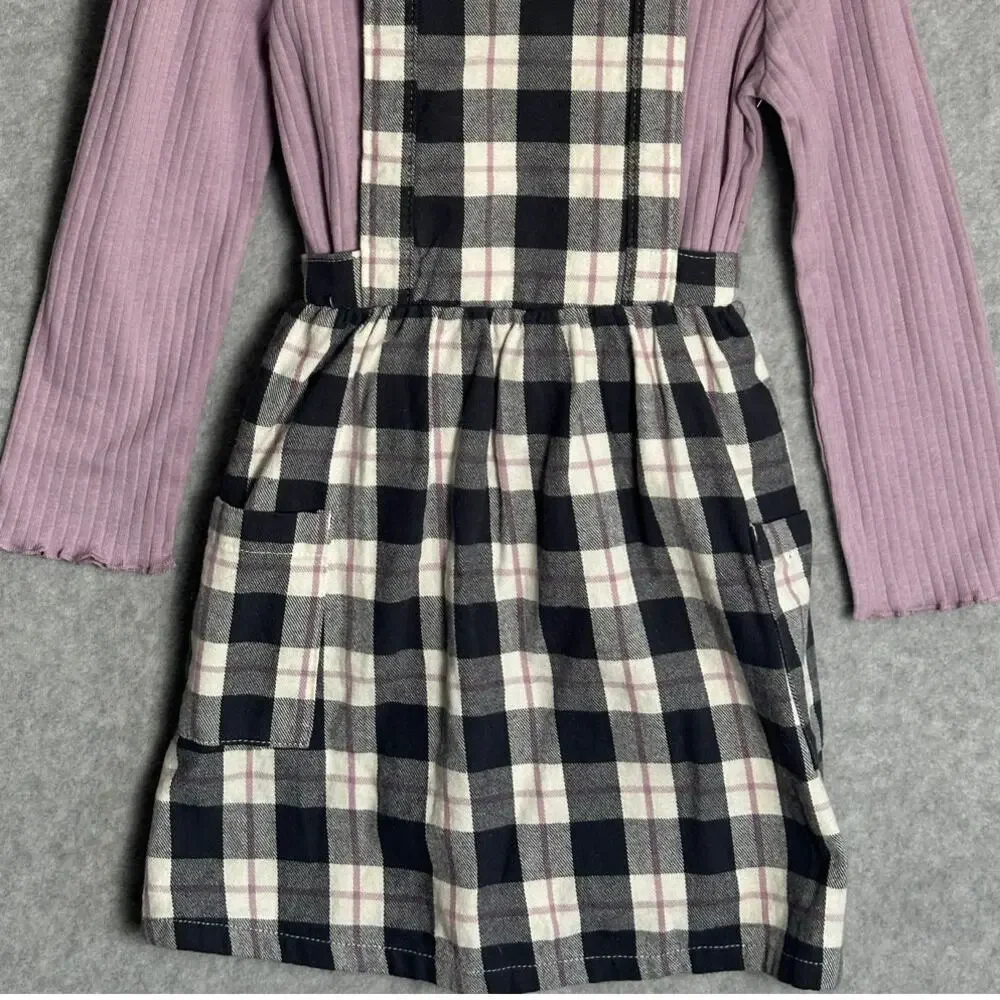 Wonder Nation 5T Girls 3pc Set Pinafore Skirt Overalls Long Sleeve Tights‎ Plaid